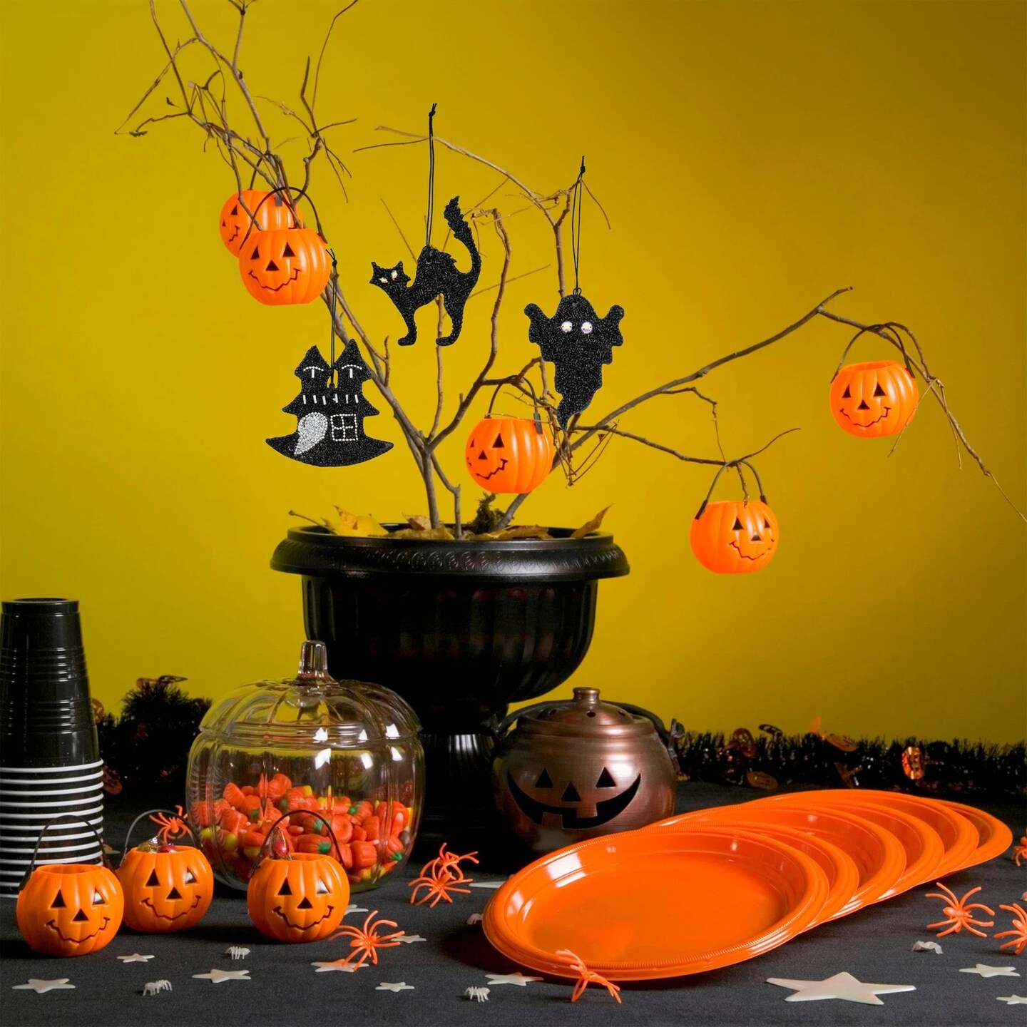 Black Beaded Halloween Ornaments 5ct Reversible Tree Decor Set