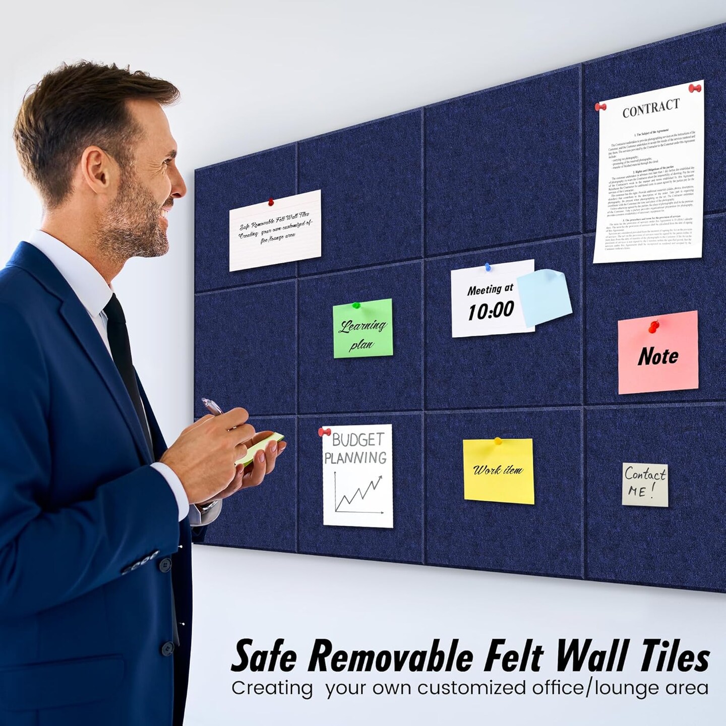 12 Pack Felt Wall Tiles for Office Wall Decor,Felt Bulletin Board Tiles (Dark Blue)