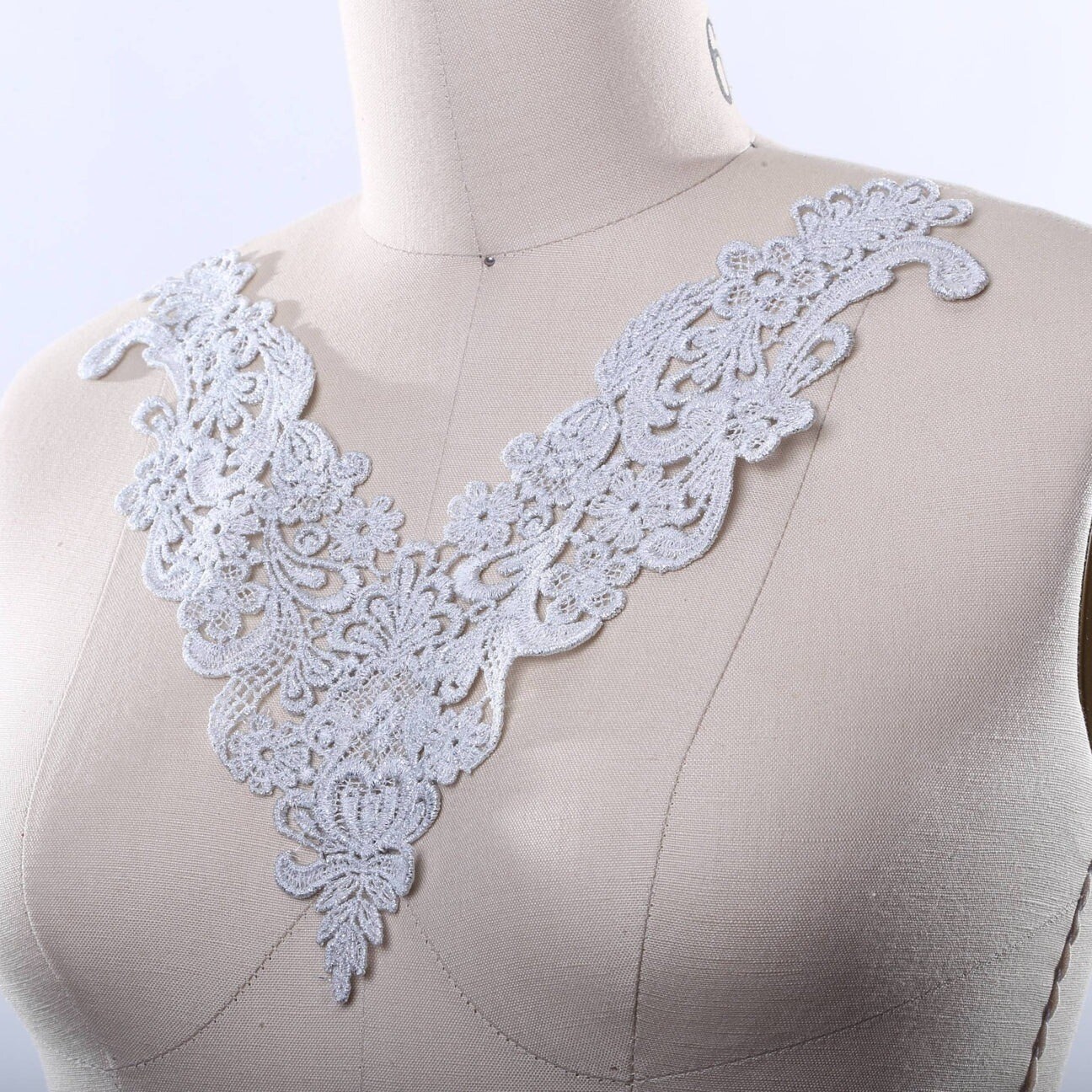 Soft Silver Metallic Venice Lace Applique 1 Pc Elegant V Shaped Regal Embellishment
