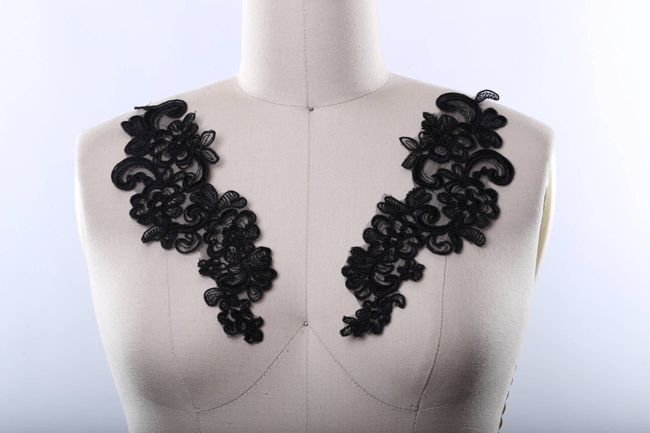Black Alencon Lace Applique Pair with 9 X 3 Inch Mirrored Design