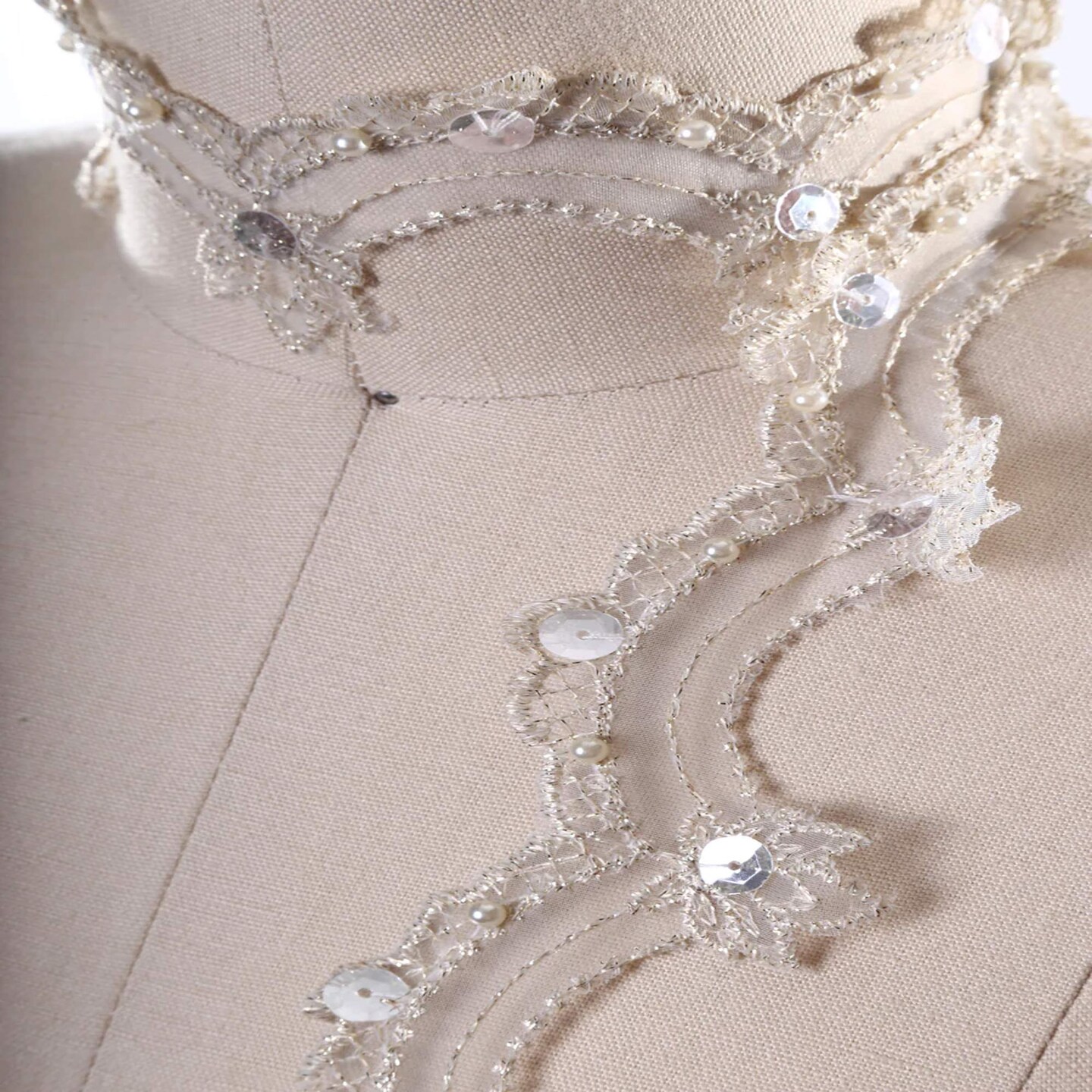 1 Yard 1 Inch Champagne Lace Trim with Beading and Silver Sequins