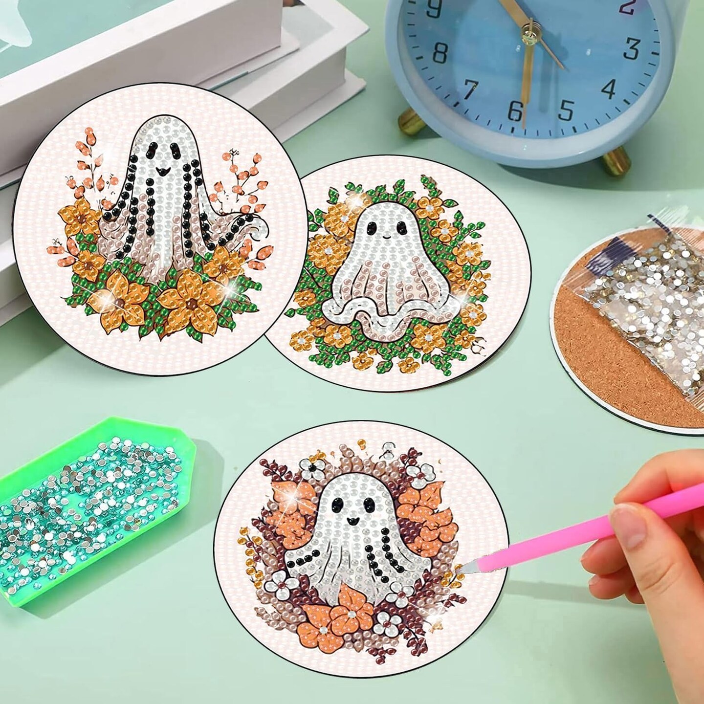 8PCS Halloween Ghost Diamond Art Coasters Kit with Holder & Cork Backing – DIY 4x4in Sparkling Craft Set for Adults & Beginners