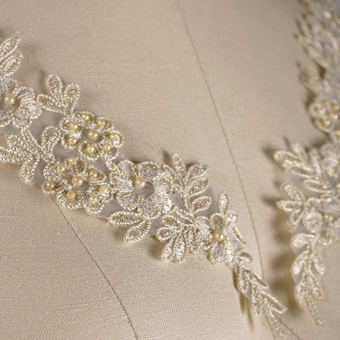 1 Pair Champagne Gold Alencon Lace Applique Metallic Beige with Pearls Symmetrical Design