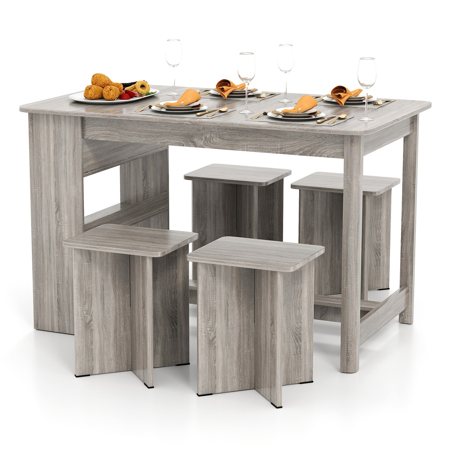 5-Piece Dining Set with Stools and Storage Shelf for Small Spaces