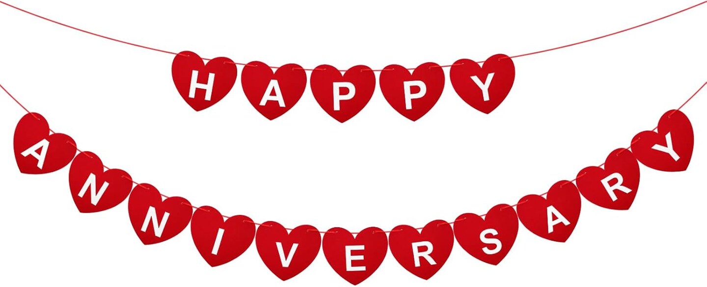 Pre-Strung Happy Anniversary Banner - No DIY Felt Wedding Anniversary (Red) 236"L x 5.9"W