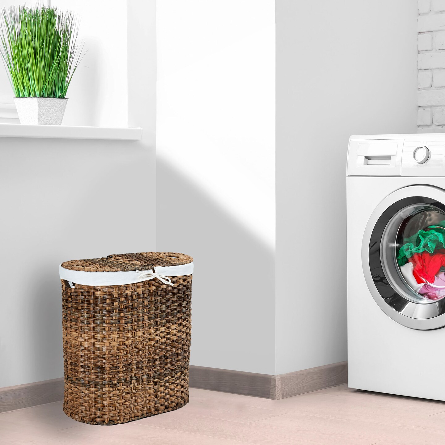 Seville Classics Handwoven Lidded Oval Double Laundry Hamper