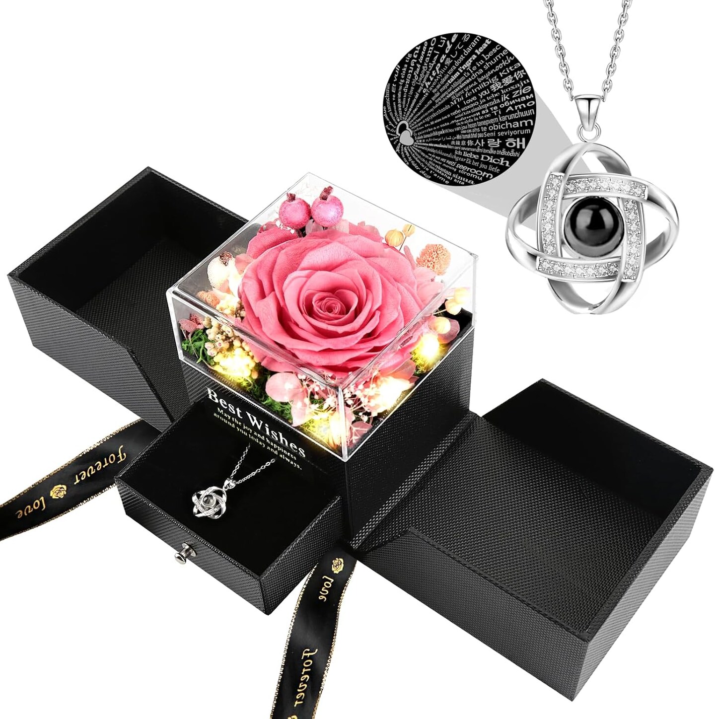 Preserved Rose Flower Gifts with Necklace - PINK