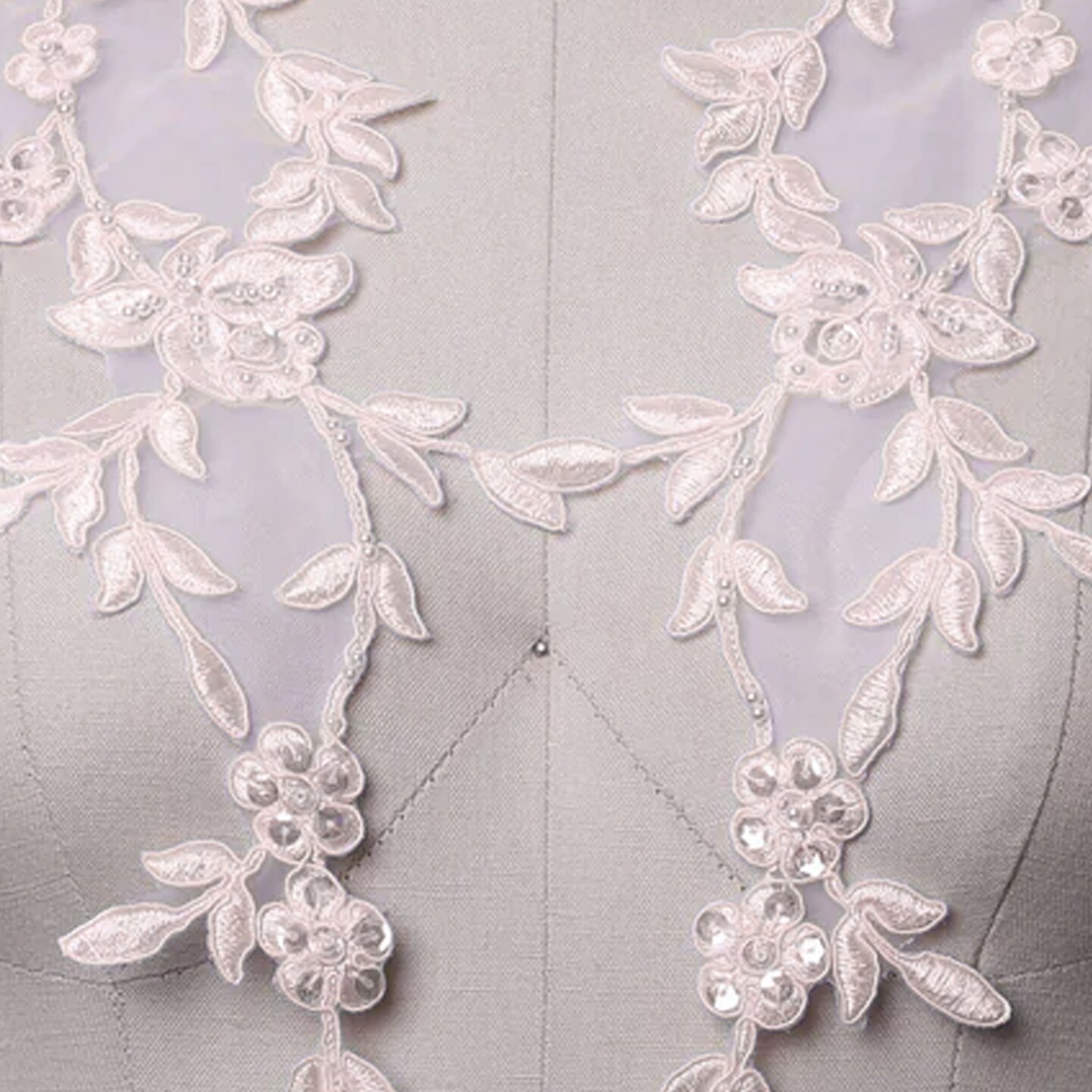 1 Pair Ivory Beaded Floral Lace Applique 16" Elegant Trim For Gowns Or Bridal Veils