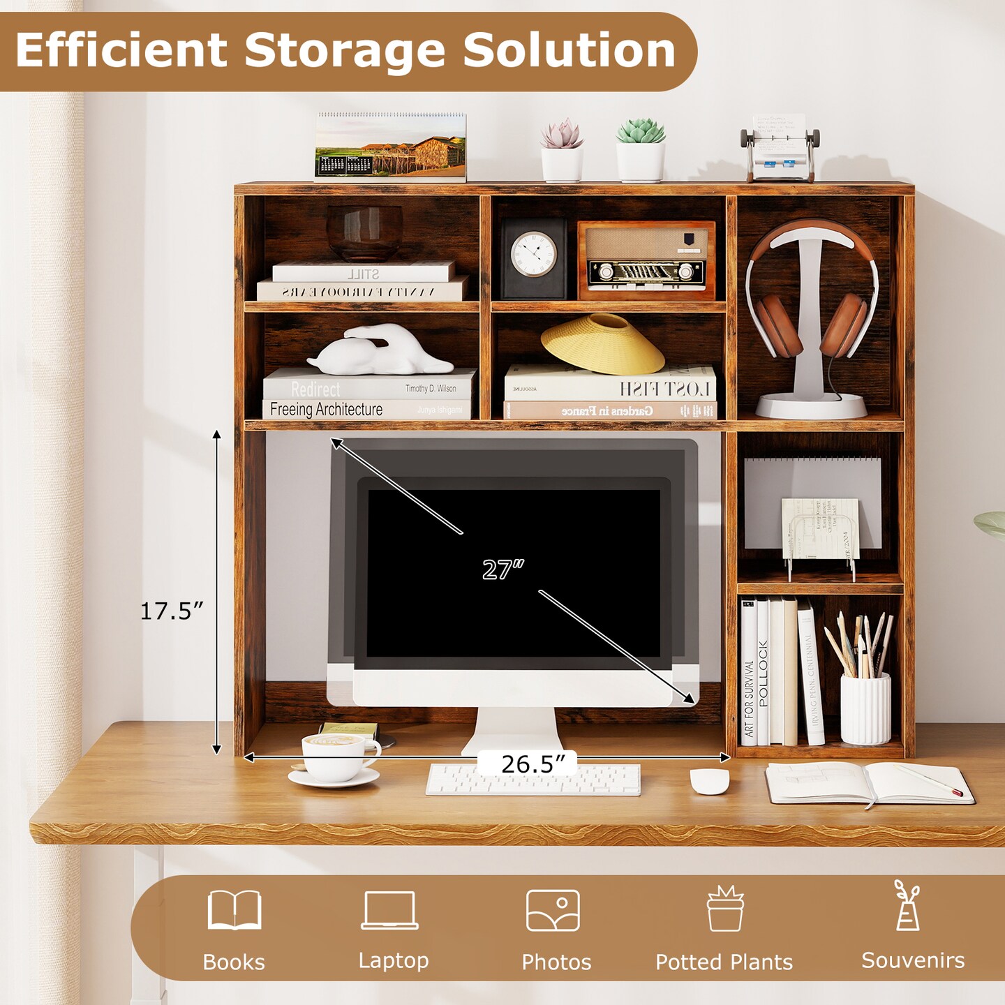 7-Cubby Desktop Bookshelf with Adjustable Shelves for Books and Office Supplies