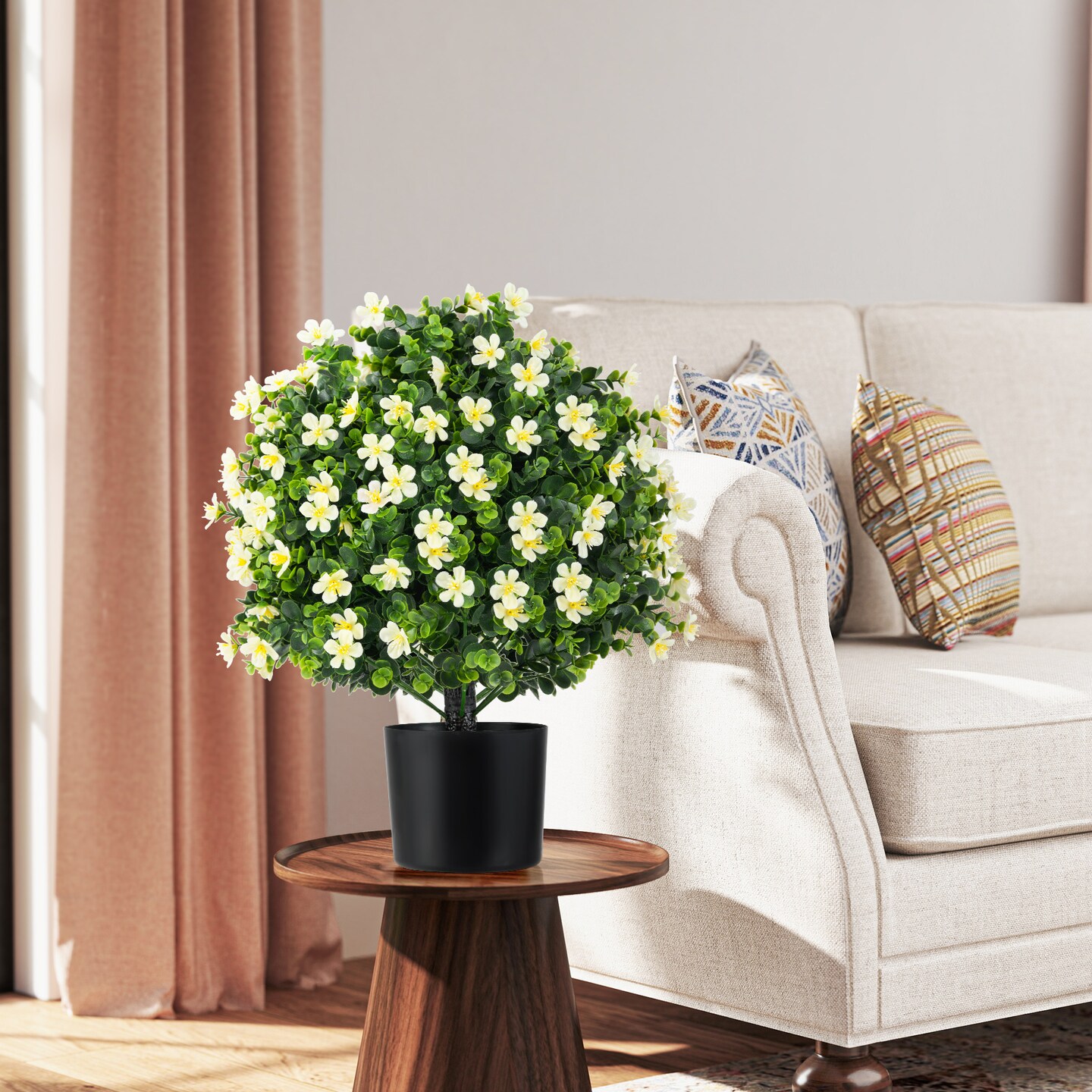 Artificial 2 Pack Topiary Ball Trees with Cement Pots Indoor or Outdoor