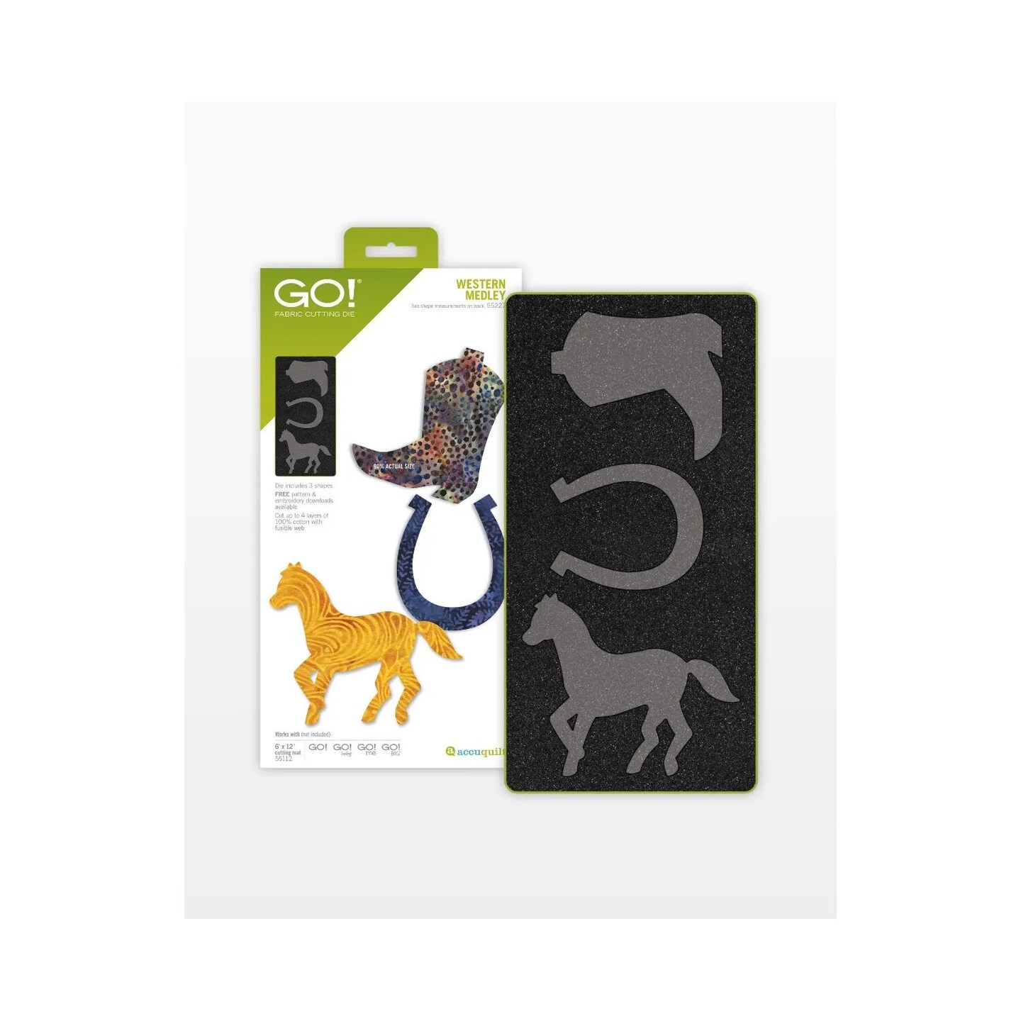 AccuQuilt GO! Western Medley Die – Horse, Horseshoe & Cowboy Boot Appliqué Die (6" x 12")