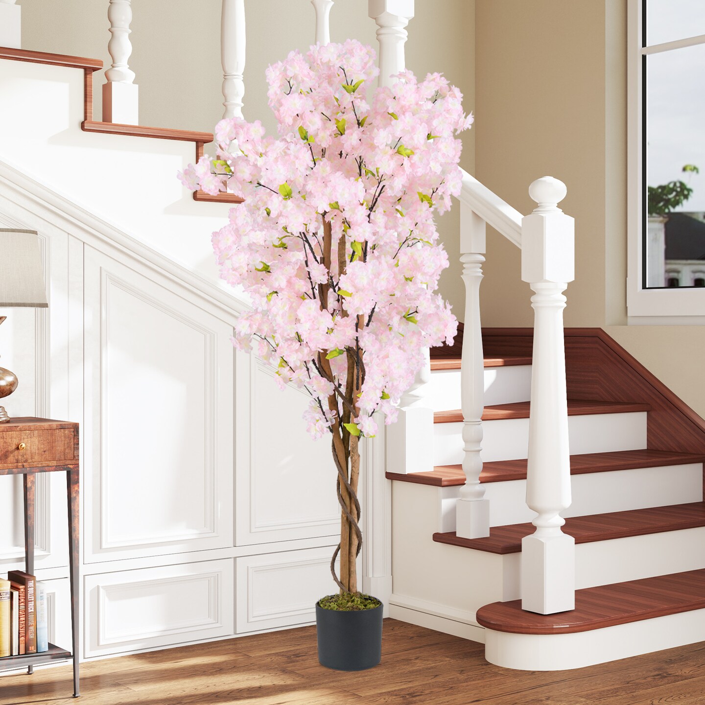 Pink Artificial Cherry Blossom Tree 59 inches with Polyester Flowers and Wood Trunk