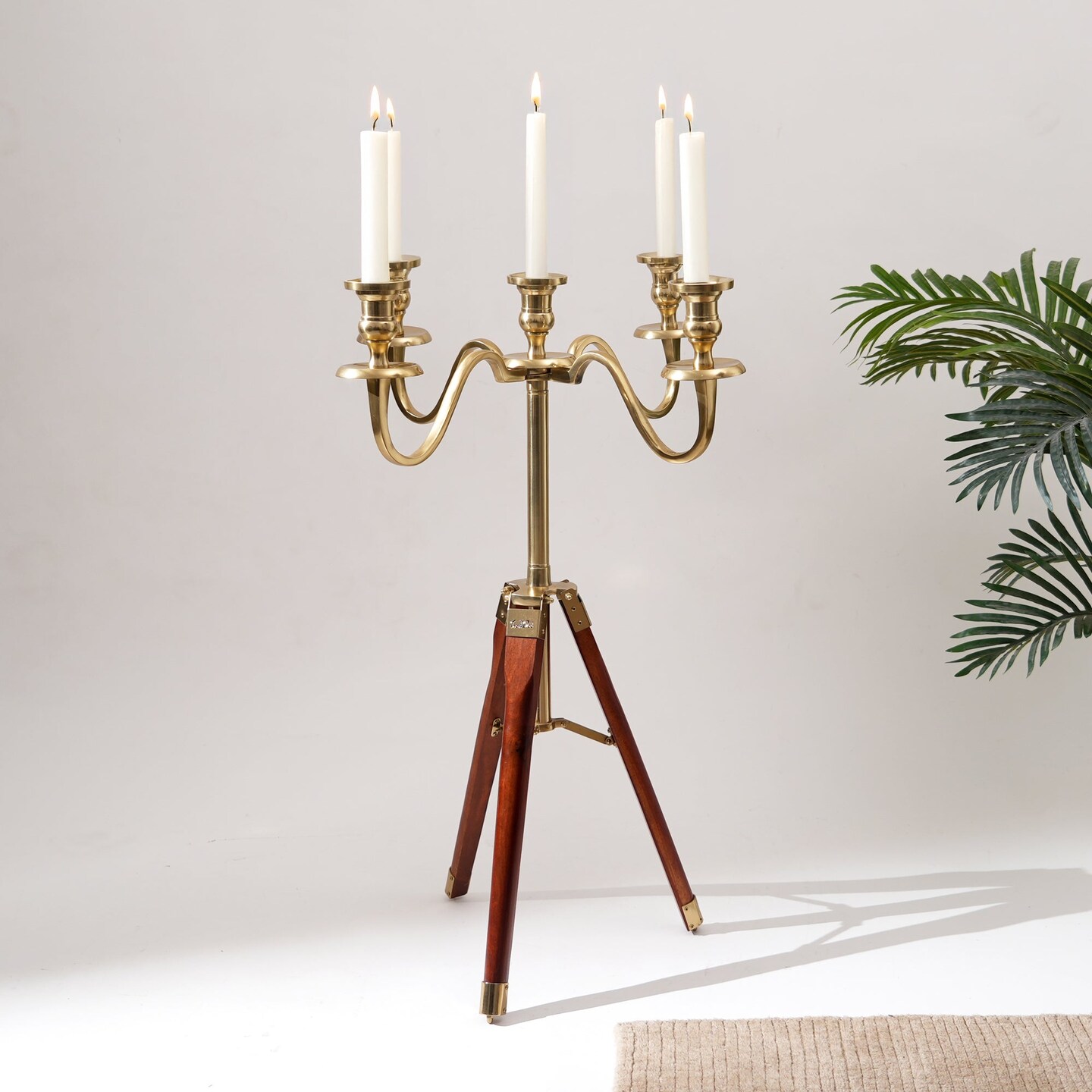 Elegant Tripod Candle Holder | Gold Polished Aluminum with Wood Detailing (17x17x31")