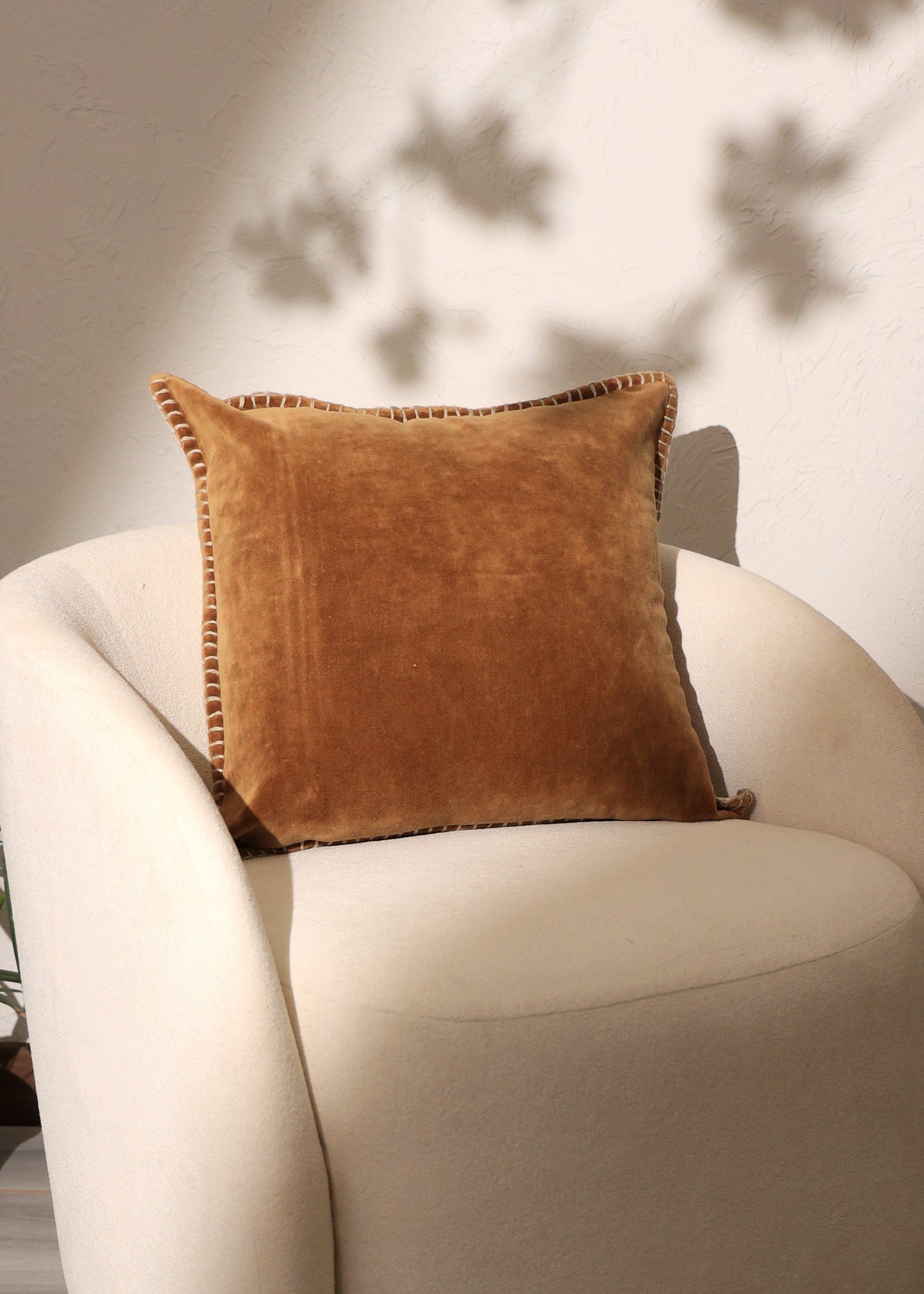 Stonewashed Cotton Velvet Throw Pillow with Decorative Handstiched Edges - 19&#x22;x 19&#x22;