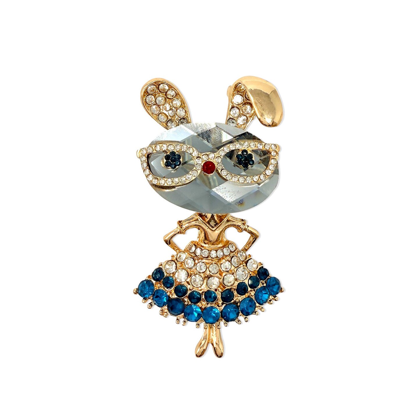 Wrapables Vintage Crystal Rhinestone Rabbit with Glasses and Skirt Brooch Pin, Blue Gold