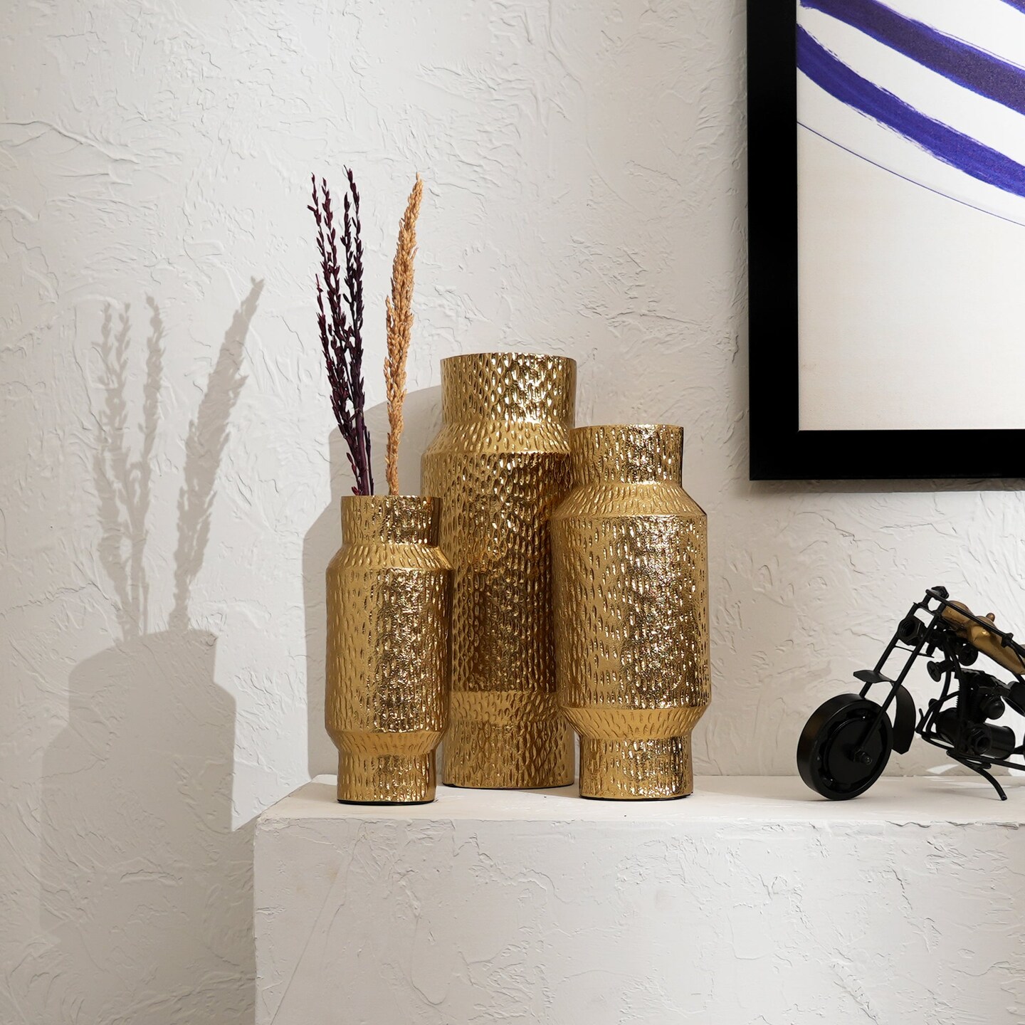 Decorative Gold Mosaic Pattern Cylinders Aluminum Vases &#x2013; Set of 3 Gold Polished Table Accents