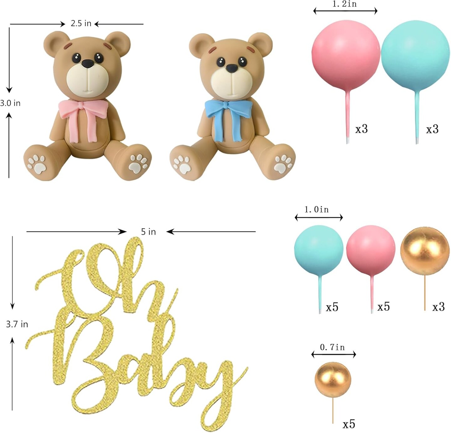 Gender Reveal Bear Cake Toppers Bear Balls Cake Decorations for Boy Girl Baby Shower Gender Reveal Birthday Party Decorations (Gender Reveal)