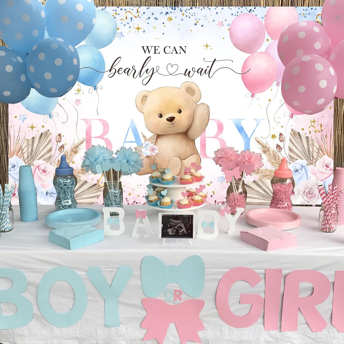Boho Bear Gender Reveal Backdrop Banner Boho Floral We Can Bearly Wait Gender Reveal Decorations Pampas Grass He or She Baby Shower Party Decor 70.8 x 43.3 Inch