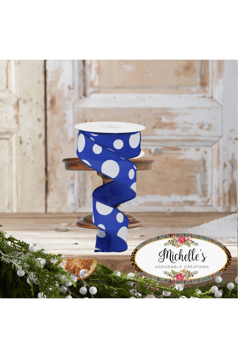 1.5&#x22; Giant Three Size Polka Dot Ribbon: Royal Blue &#x26; White (10 Yards)