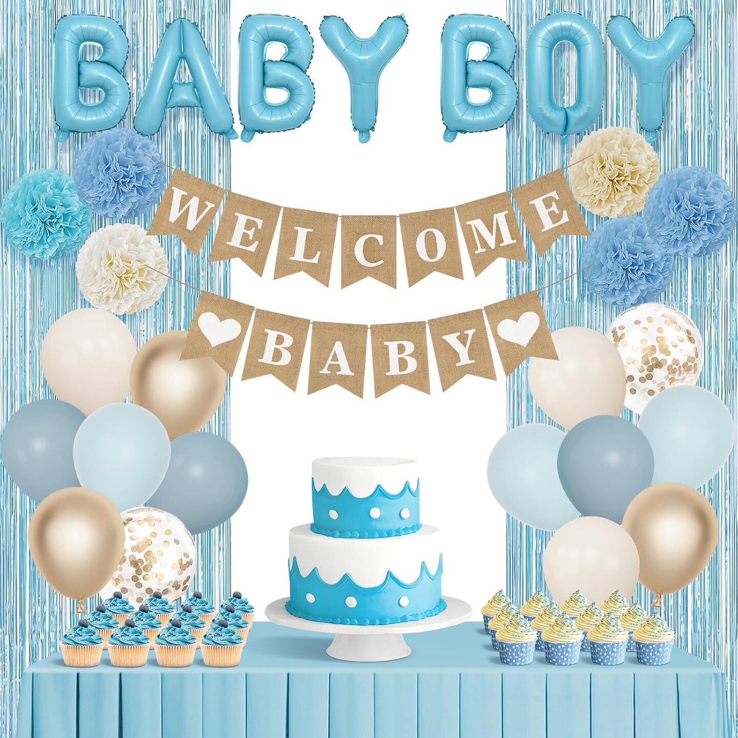 Dusty Blue Baby Shower Decorations for Boy with Welcome Baby Banner Baby Boy Letter Blue Champagne Sand Foil Balloons Fringe Curtains Paper Pom Poms for Boho Baby Shower Gender Reveal Party Supplies