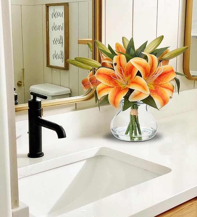 Fall Artificial Flowers in Vase Tiger Lily Real Touch Orange Silk Faux Flowers Arrangements with Glass Vase with Faux Water Fake Floral Bulk Lily Bouquet Shelf Table Centerpiece Home Decor