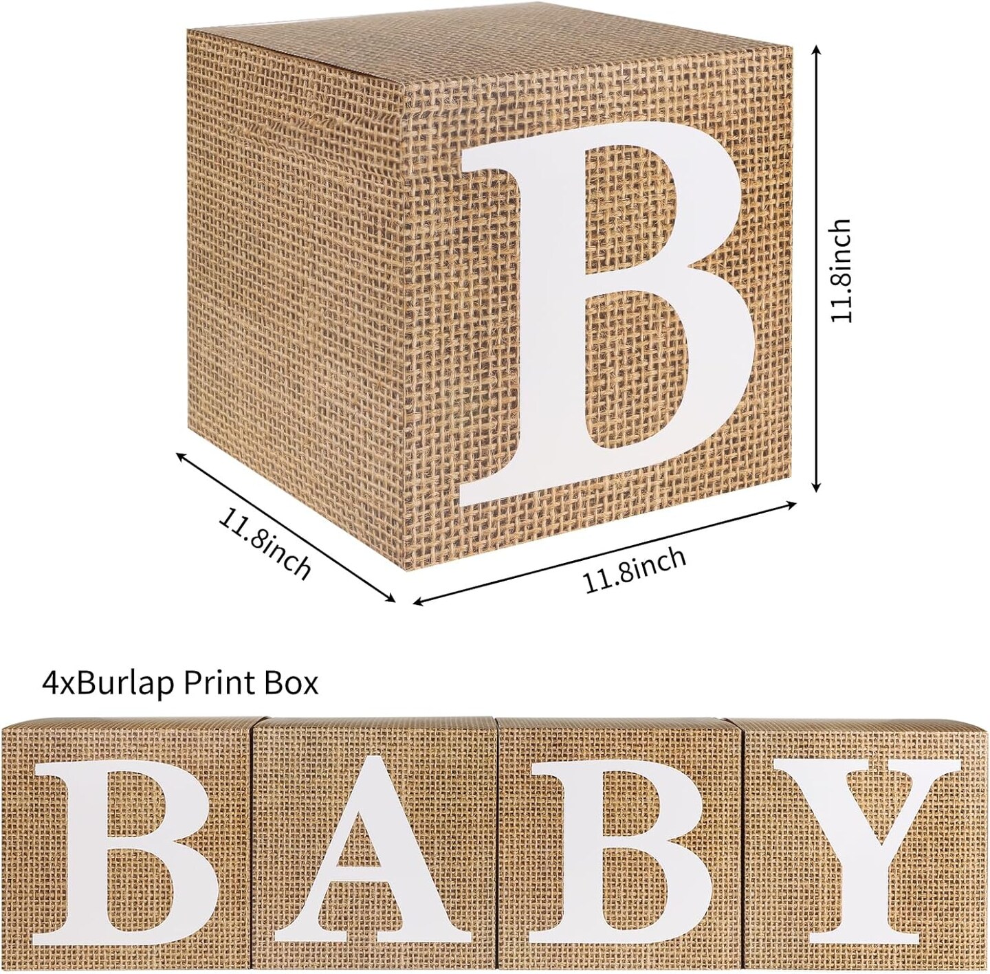 Baby Boxes with Letters for Baby Shower, 4pcs Rustic Farmhouse Style Boho Balloon Boxes with Burlap Grain for Birthday Gender Reveal Decoration Backdrop Photo Props