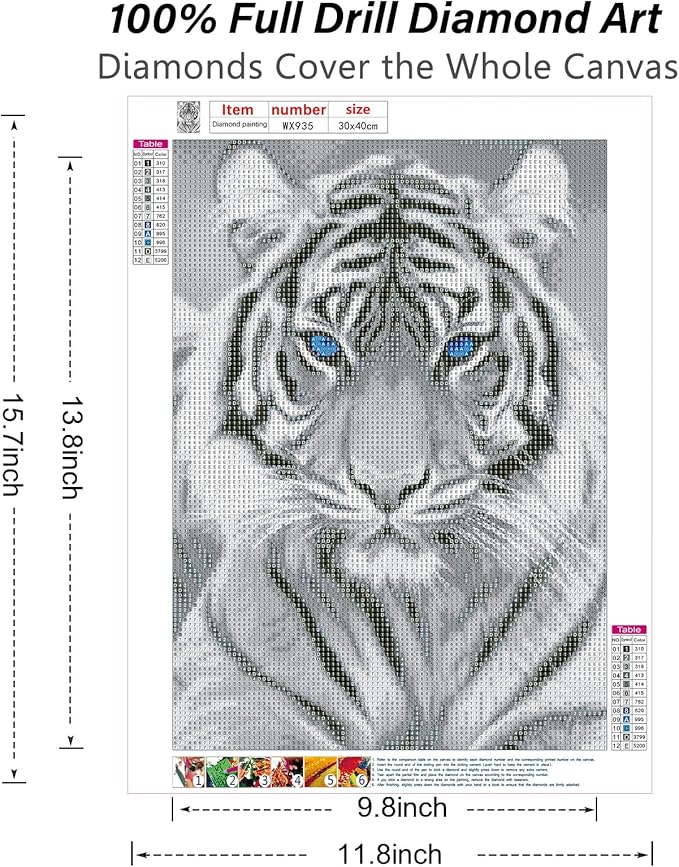 Diamond Art Kits for Adults, White Tiger Diamond Art Full 5D Diamond Art Kits Tiger Rhinestone Picture Art Craft for Home Wall Decor 11.8x15.7 Inch