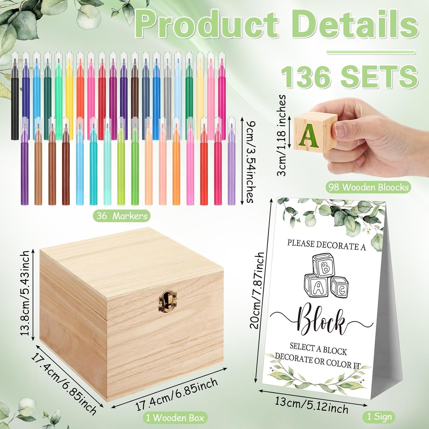 136 Pcs Baby Shower Blocks to Decorate Game Kit Includes 98 Wooden Blocks, 36 Markers, 1 Game Sign, 1 Storage Box for Baby Shower Gender Reveal Activity Party Decorations(Leaf)