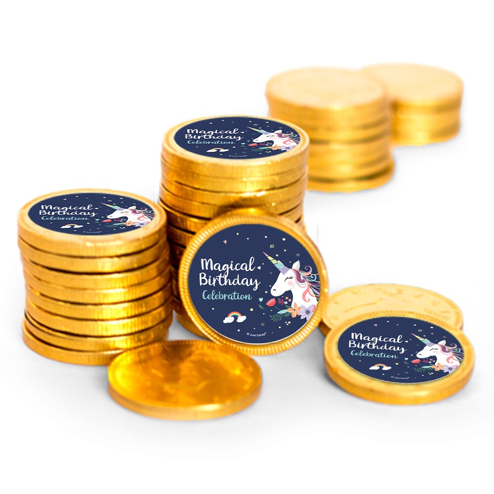 80 Pcs Navy Unicorn Kid's Birthday Candy Party Favors Chocolate Coins with Gold Foil