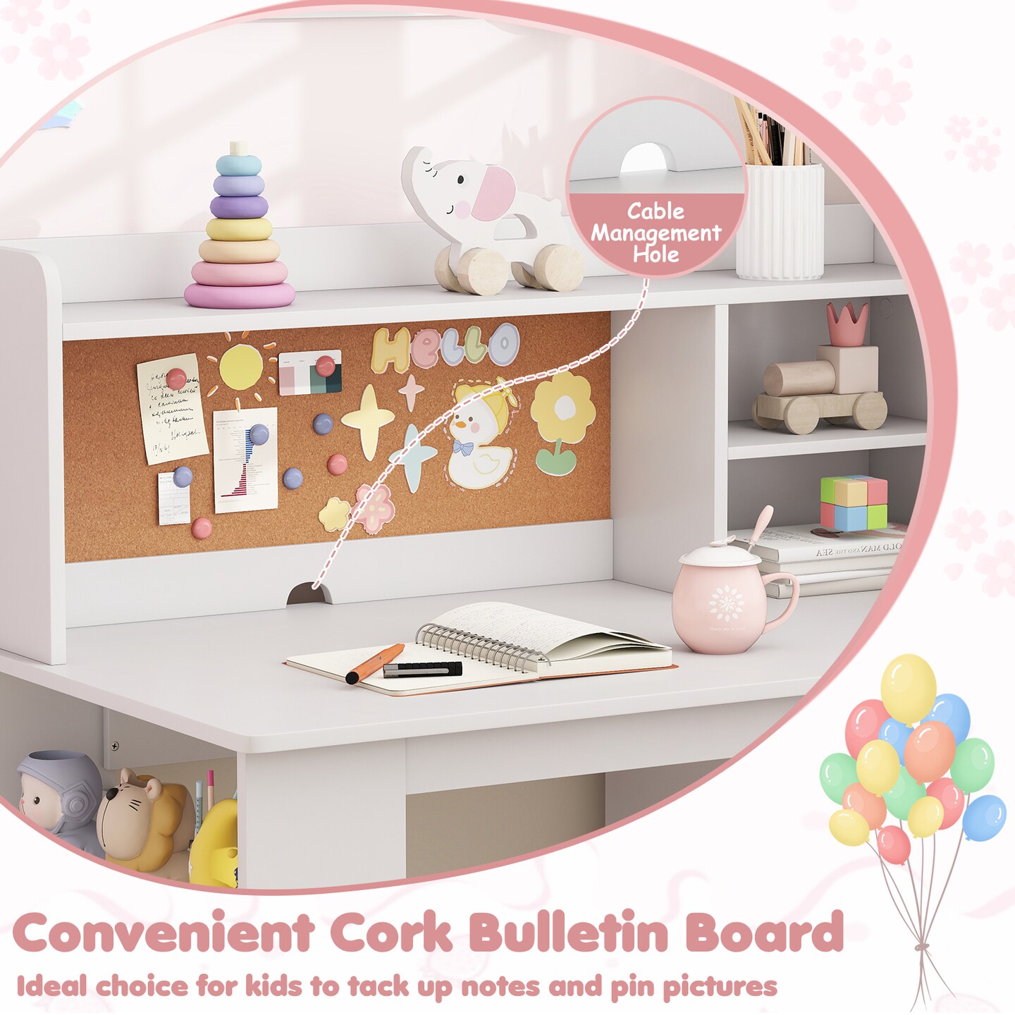 Kids Study Desk Set With Chair Hutch 3-Tier Side Shelf Writing Drawing Table