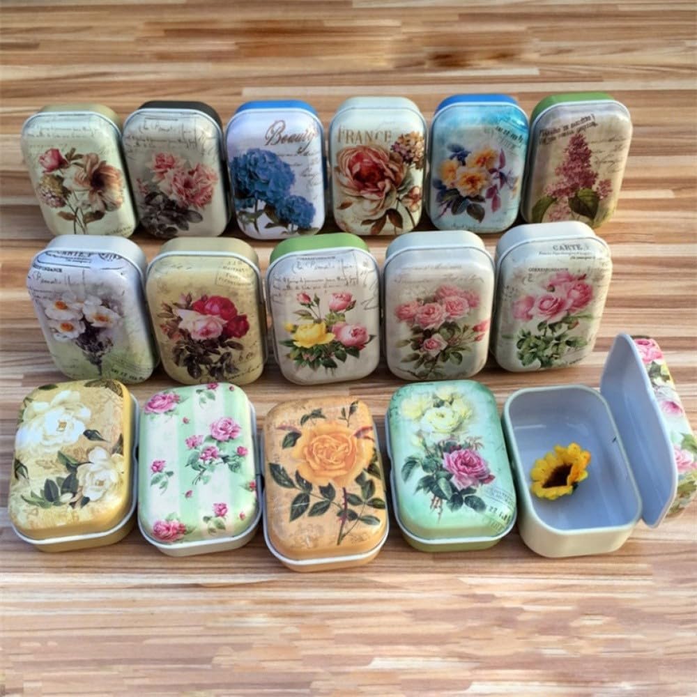 8Pcs Mini Flower Tin Trinket Jewelry Organizer Storage Box Decorative Boxes Small Metal Tins with Hinged Lids Portable Box Containers Small Storage Kit,Easter Basket Stuffers