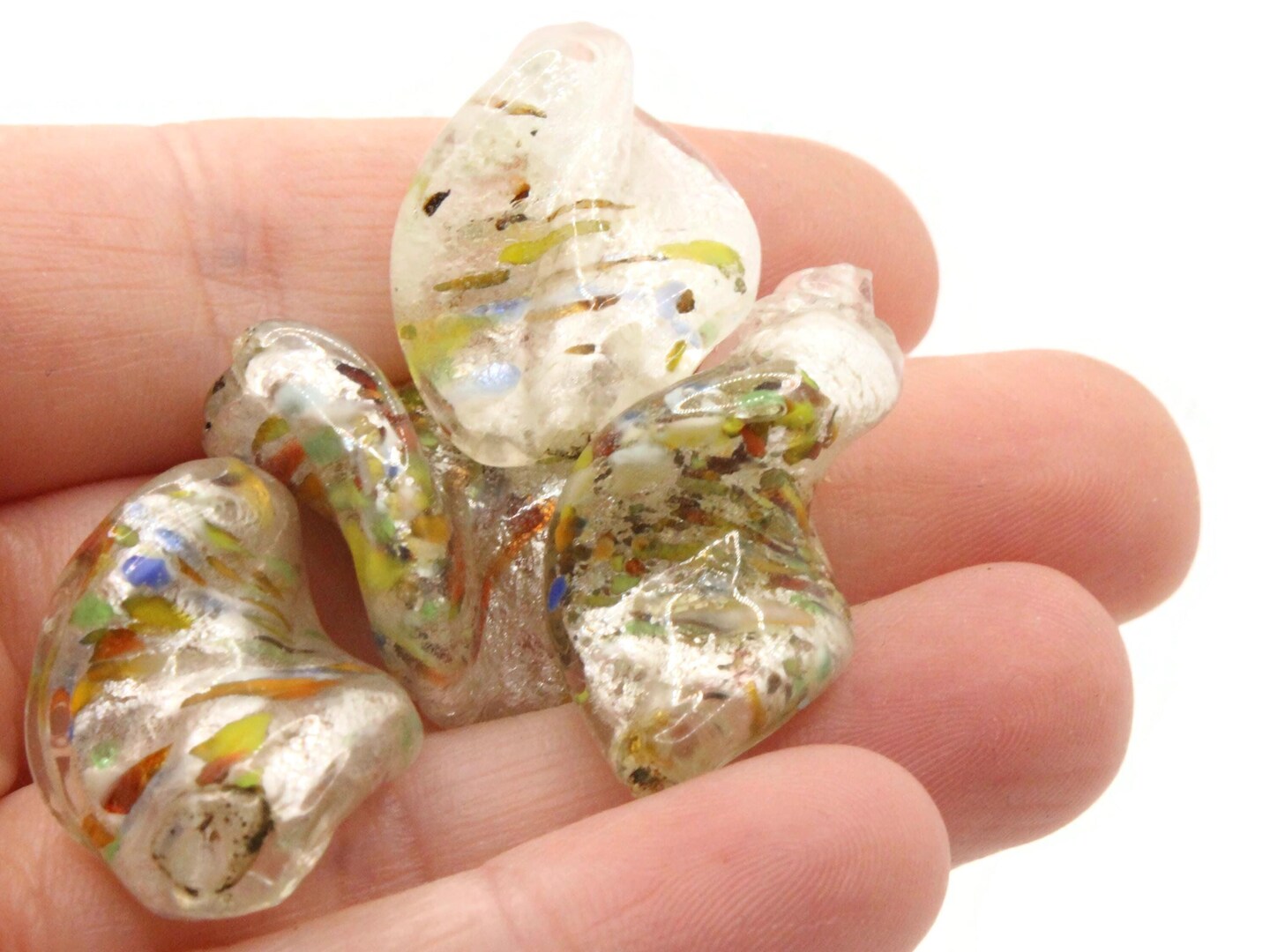 4 25mm Clear with Rainbow Speckles Lampwork Glass Flat Oval Twist Beads