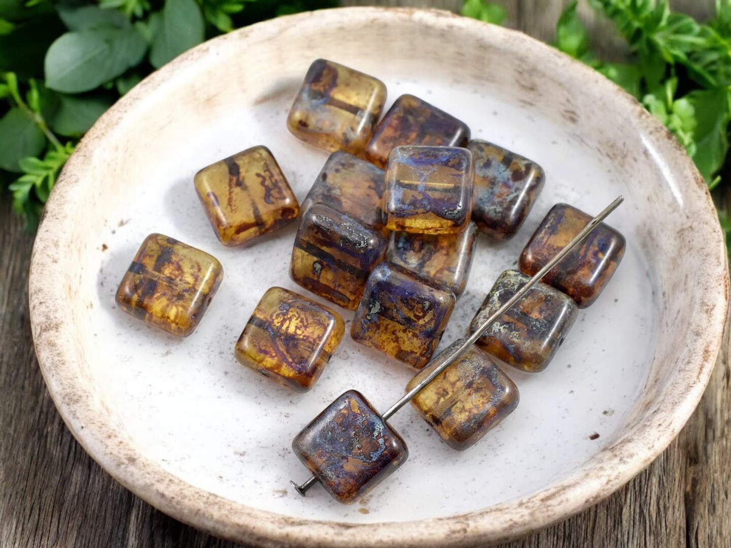 *15* 10mm Crystal Amber Picasso Square Beads