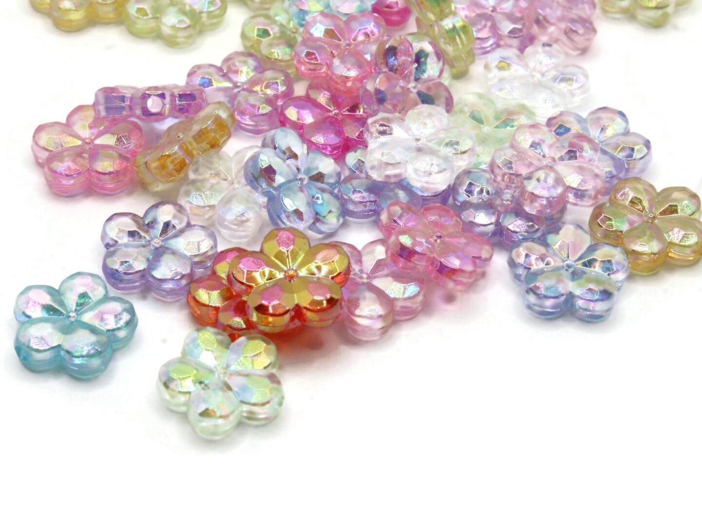 40 14mm Assorted Color Clear Flower Plastic Coin Beads