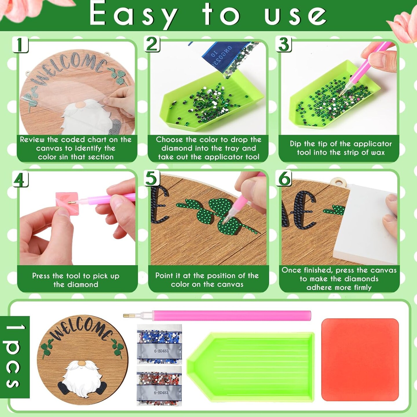 29-Pc Magnetic Gnome Diamond Painting Kit, Interchangeable Holiday Welcome Sign.