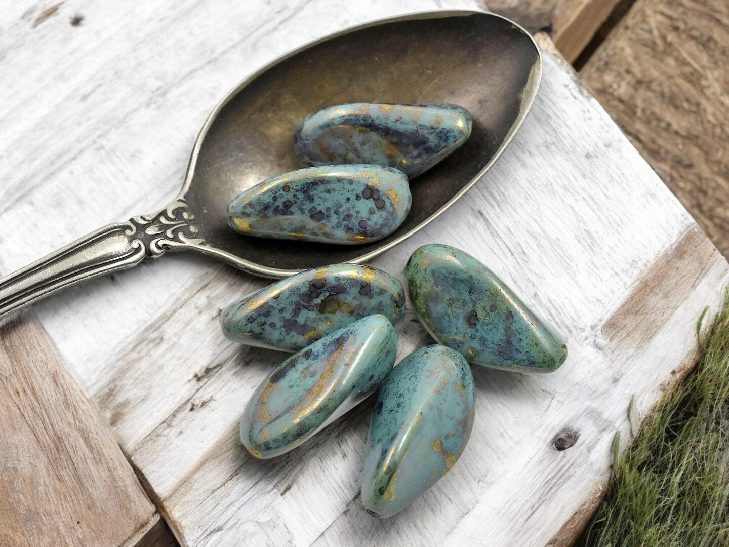 *6* 24x13mm Opaque Bronzed Turquoise Twisted Oblong Oval Beads