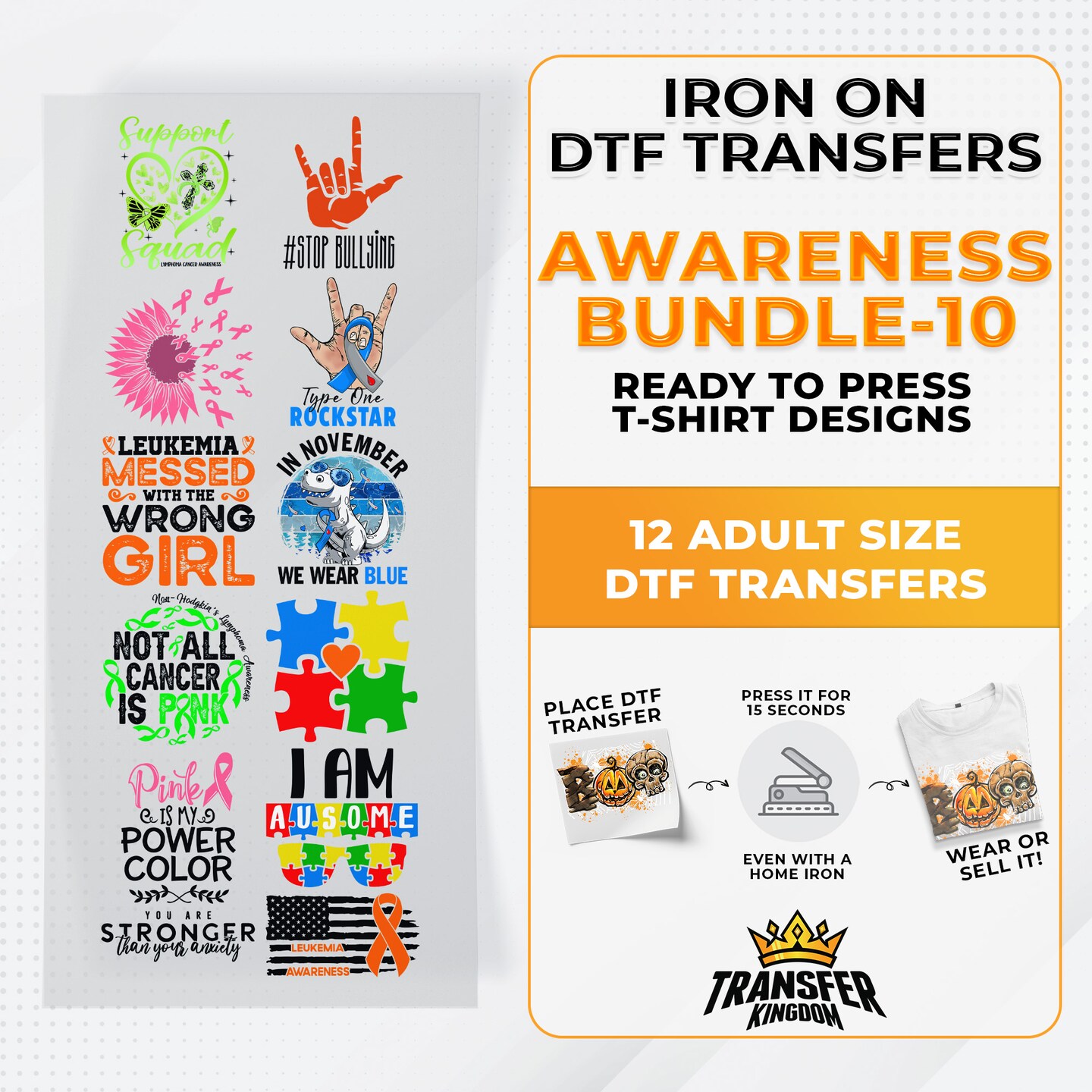 Iron on DTF Transfer Awareness Month Bundle 10 - 12 Best Seller T-shirt Designs Ready To Press