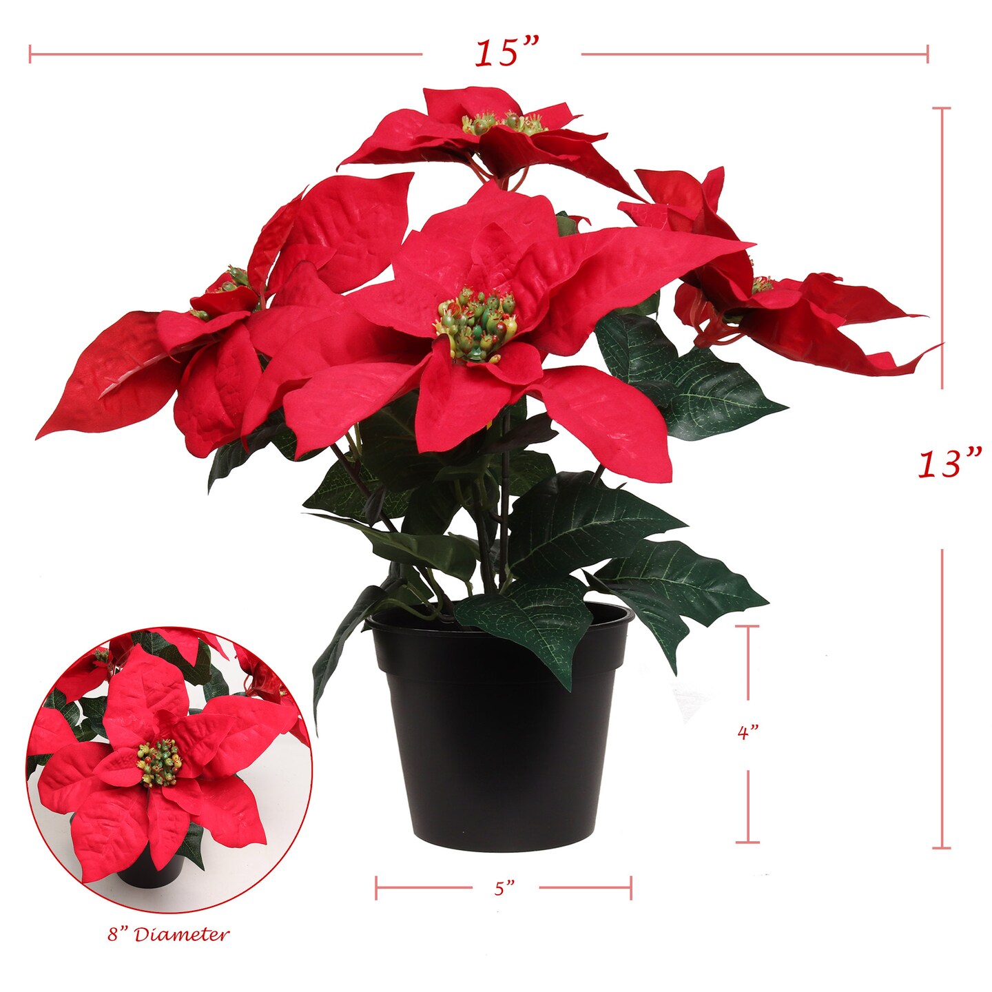 13&#x22; Red Velvet Poinsettia Bush in Black Pot with 5 Silk Flowers - Lifelike Holiday Decor for Tabletop &#x26; Mantel | Elegant Christmas Accent | Festive &#x26; Versatile Indoor Decoration - 2024 Christmas Collection, Floral Home by Artificial Flowers