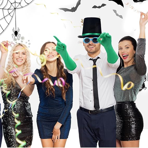 3 Pcs Halloween Costume Accessories Black Felt Costume Hat with Green Band Green Satin Long Gloves Blue Vintage Oval Goggles for Men Women Cosplay Party Dress Up
