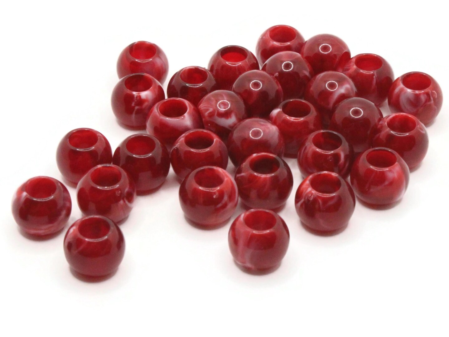 30 12mm Red and White Swirl Large Hole Round Plastic Beads bW1