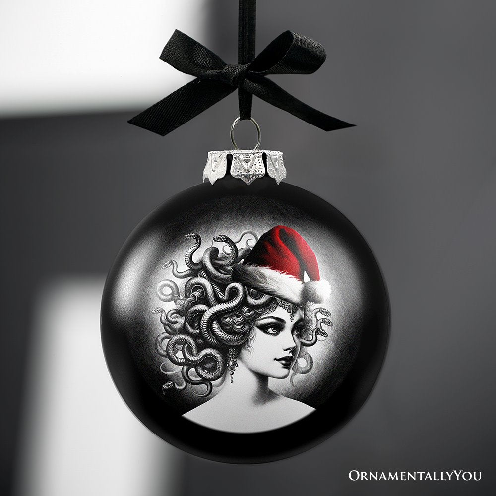 Medusa Christmas Spooky Portrait Glass Ornament, Black Horror Halloween Tree Decoration