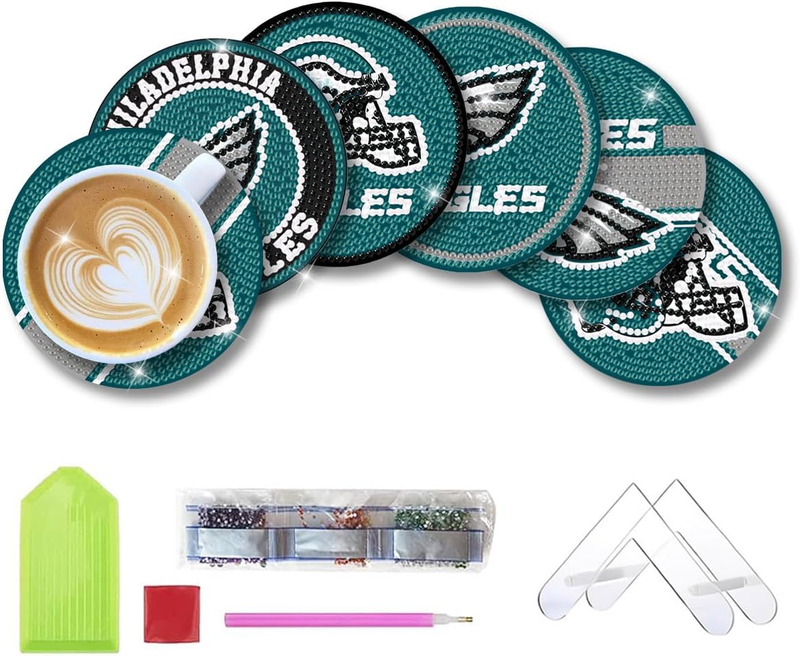 6 Pcs Diamond Paintings Coasters Kits with Holder, DIY Football Diamond Art Coasters for Adults Kids, Diamond Dot Kits for Philadelphia Craft Gifts