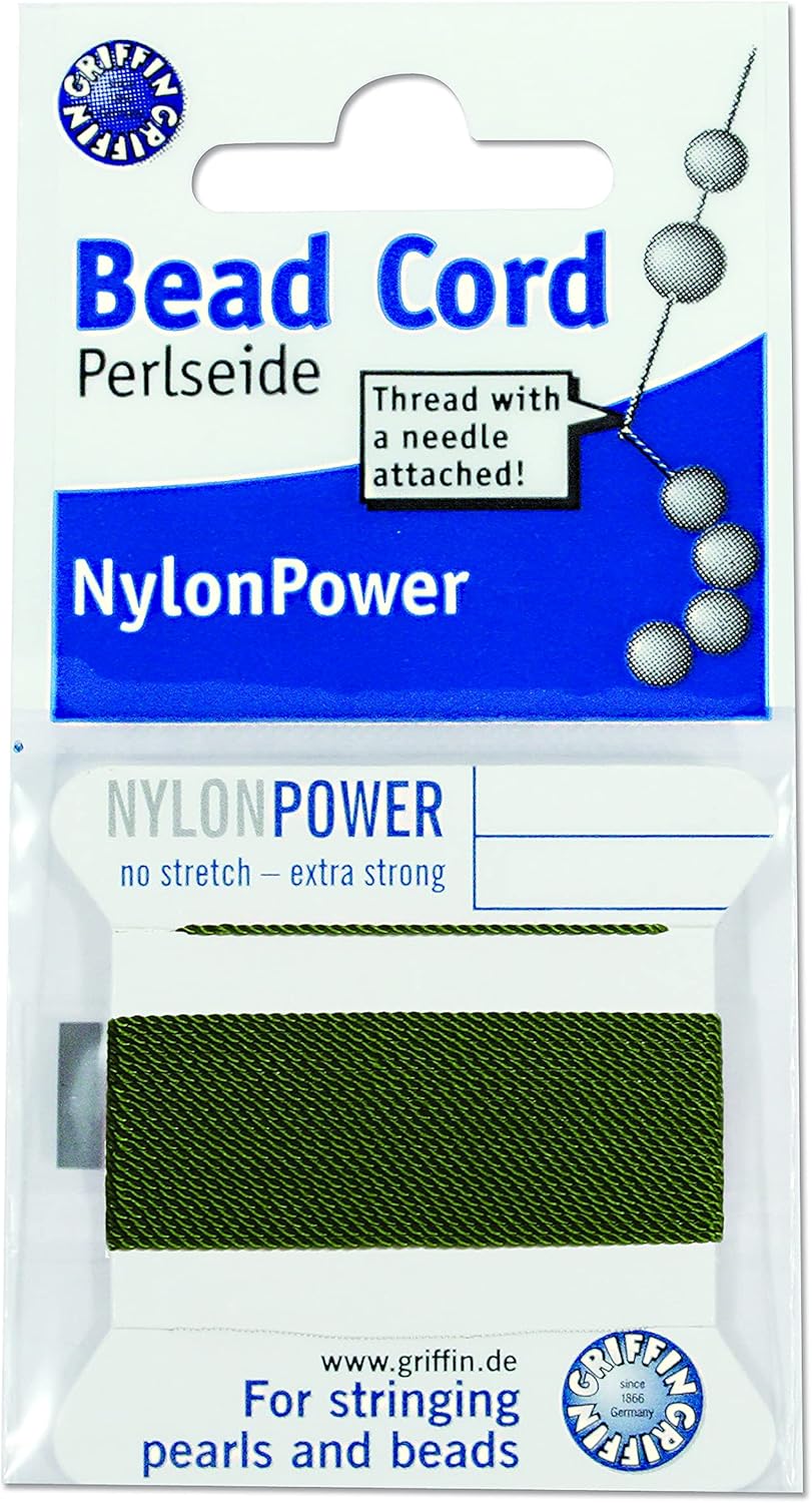 Griffin Nylon Bead Cord Perlseide – Size 1 (0.35mm) – 2 Meters per Card – Stainless Steel Needle Attached – for Knotting Pearls, Gemstones, Crystals and Beads