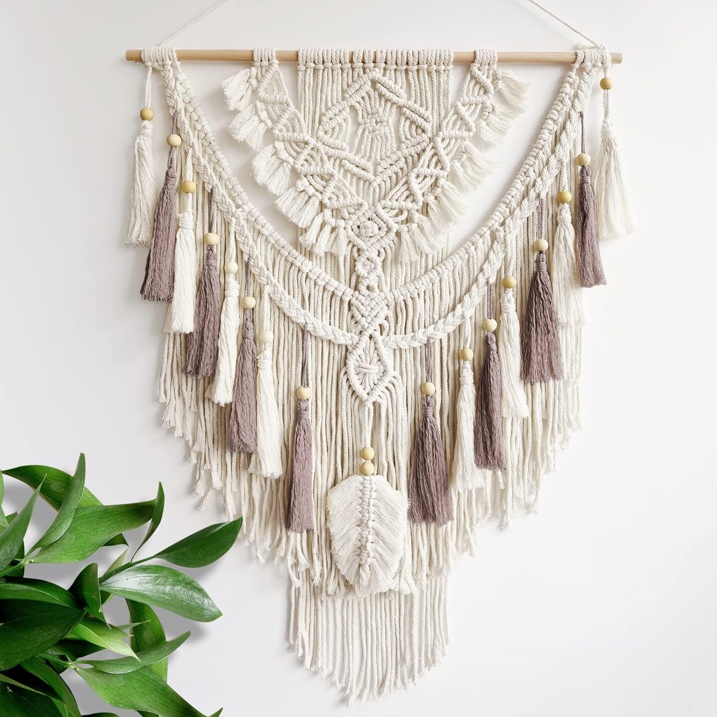 Macrame Wall Hanging, Woven Tapestry Beige & Dusty Rose Handmade Craft Macrame Wall Decor, Gallery & Nursery, Size 37.4” Lx27.5” W