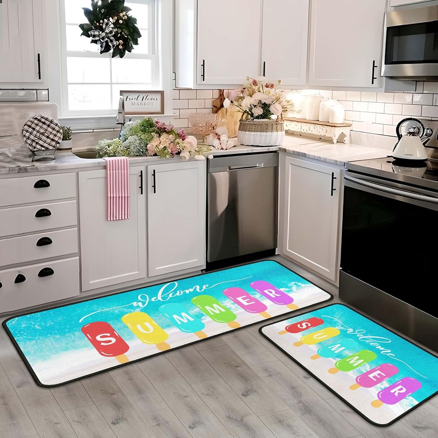 Summer Kitchen Rugs and Mats Set of 2, Non Slip Backing Welcome Coastal Kitchen Rug Summer Kitchen Decor Seasonal Holiday Ocean Home Decorations Kitchen Floor Mat 17&#x22;X47&#x22;+17&#x22;X30&#x22;