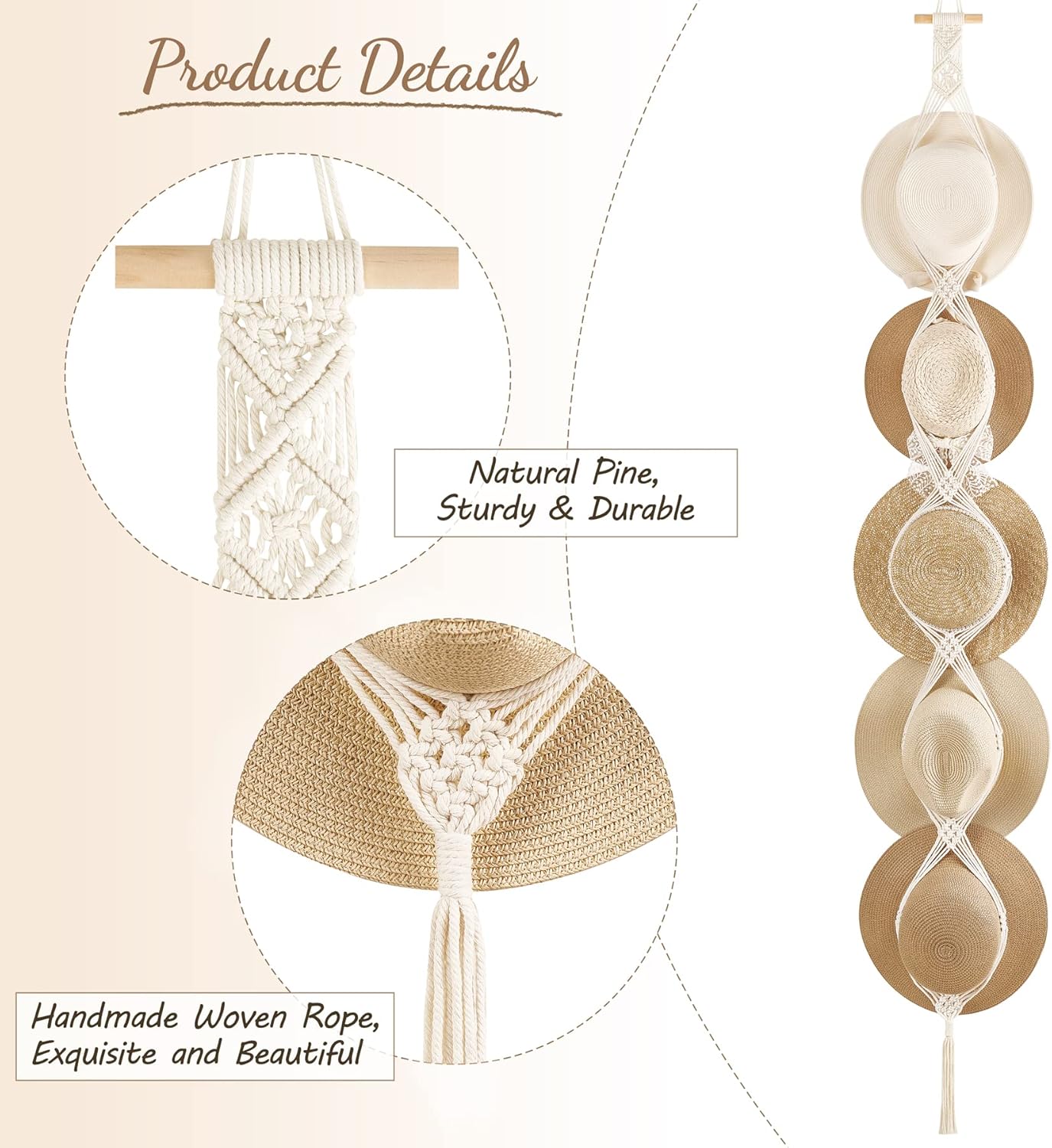 Macrame Hat Hangers Hat Rack for Wall Cowboy Hat Organizer Hanging Display Hand Weaving Bobo Hat Holder Westen Decor for Wide Brim Hats Bowler Fedora Hats, 5 Hats Style