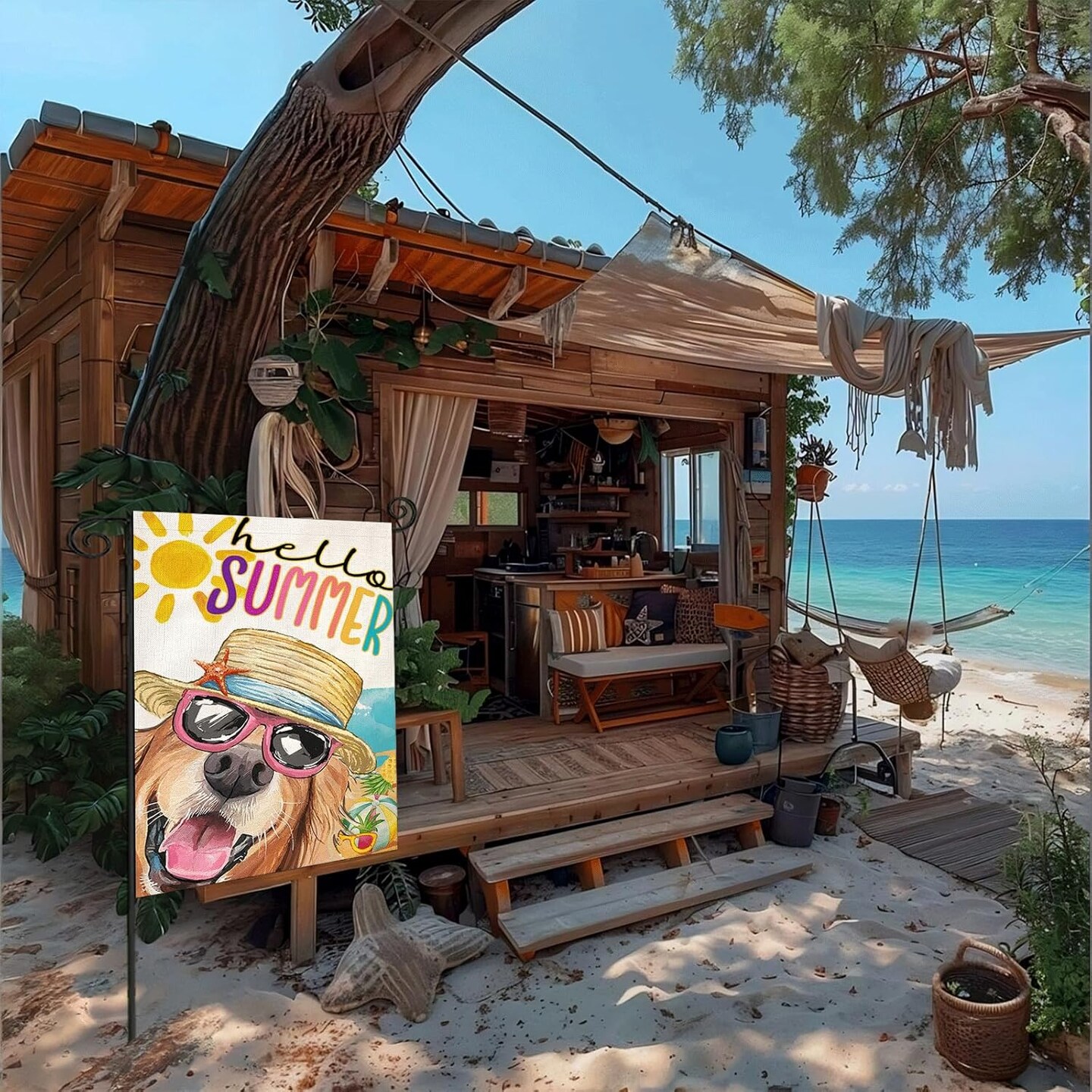 Hello Summer Garden Flags for Outside, Dog with Sunglass Beach Sun Hat Yard Decoration, Small Seasonal Outdoor Decor