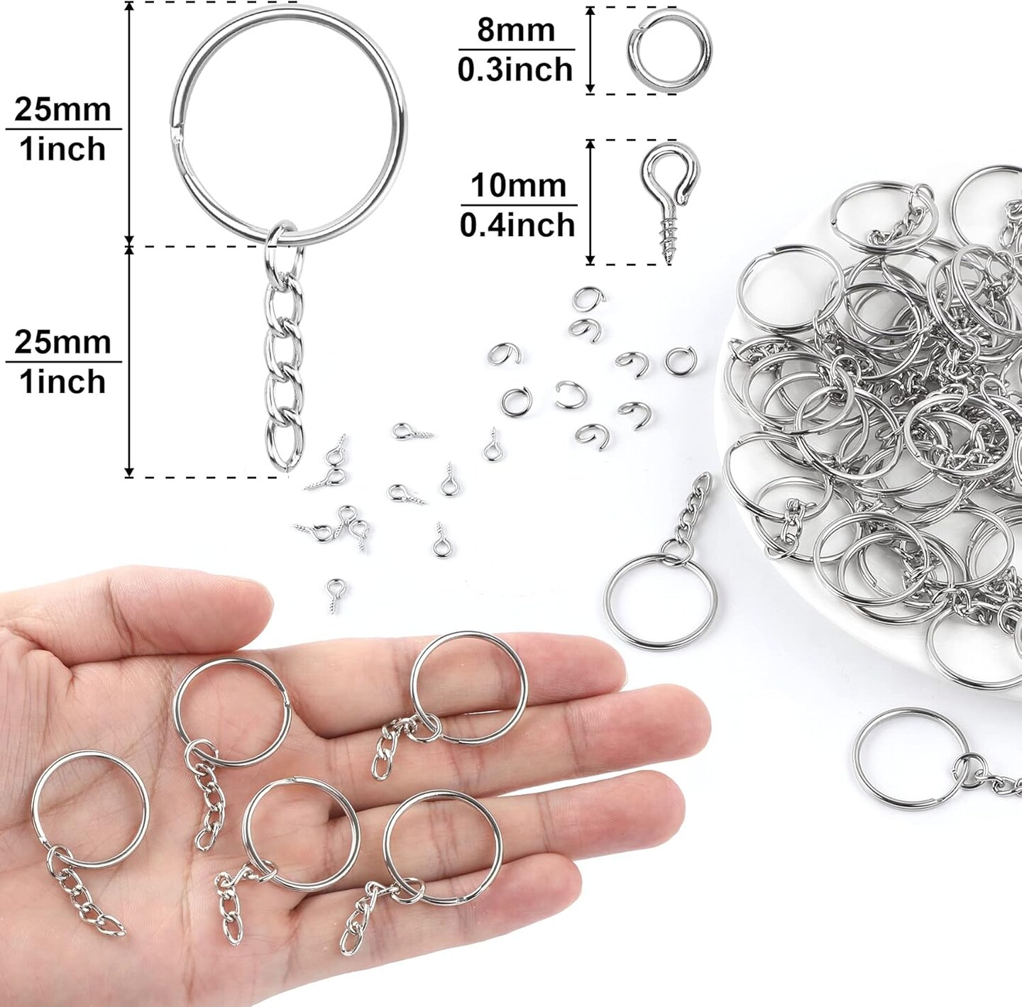 600Pcs Keychain Rings - 25mm Rings, Keys Jumps Including Chain &#x26; 200 Screw Eye Pins - Set for Resin Crafts
