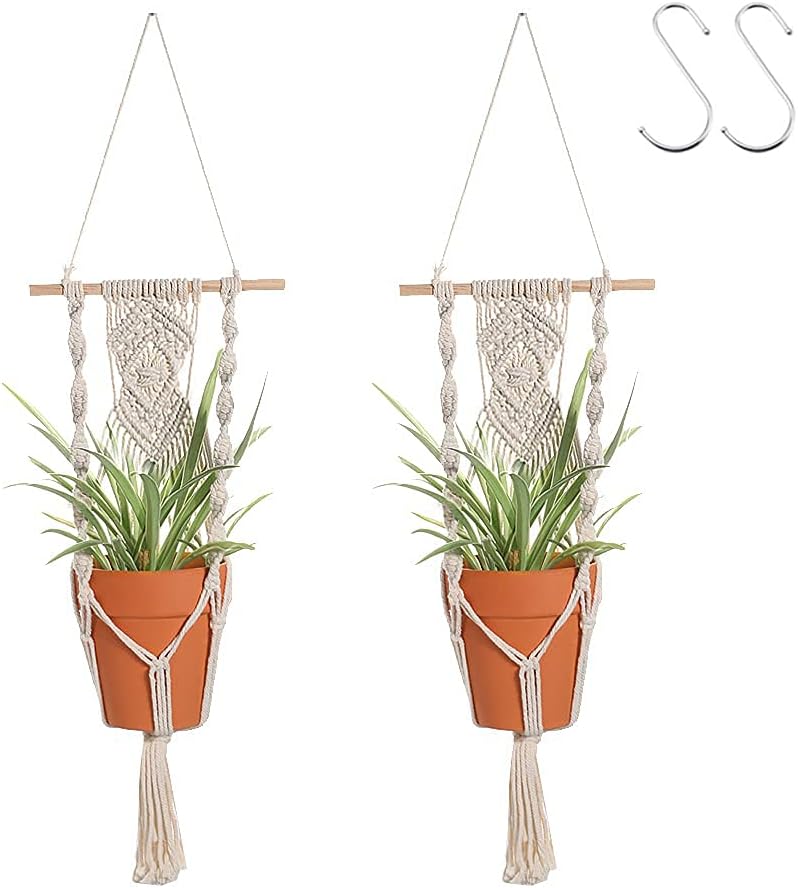 Boho Macrame Plant Hangers – Handmade Hemp Rope Hanging Baskets with Ceiling Hooks, Bohemian Wall Art and Home Decor