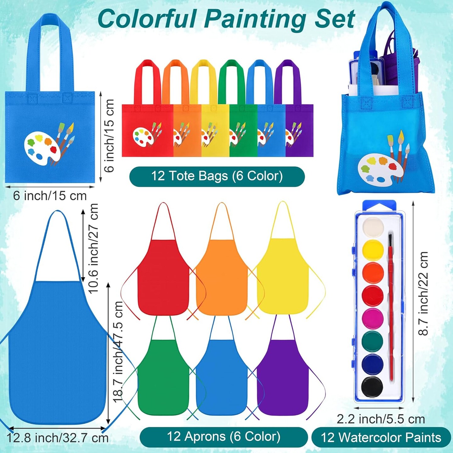 12 Watercolor Paint Set, 48 Pieces Mini Paint Set with 8 Colors Watercolor Paints, Mini Wood Easels, Canvas Bags, Aprons, Art Beginner Supplies